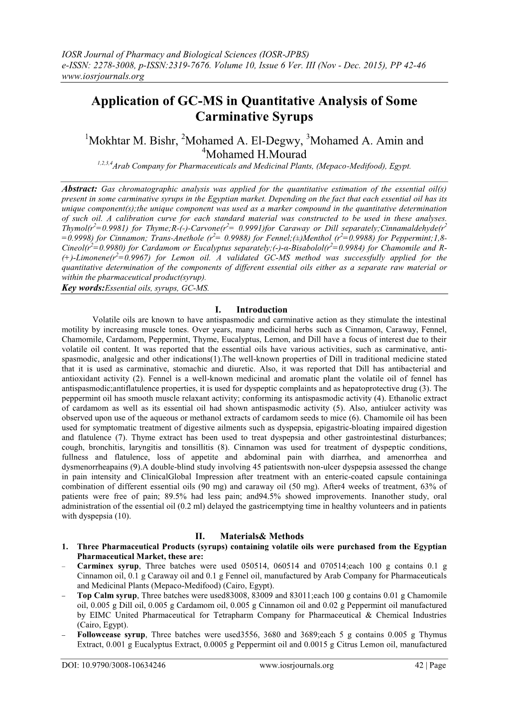 Application of GC-MS in Quantitative Analysis of Some Carminative Syrups