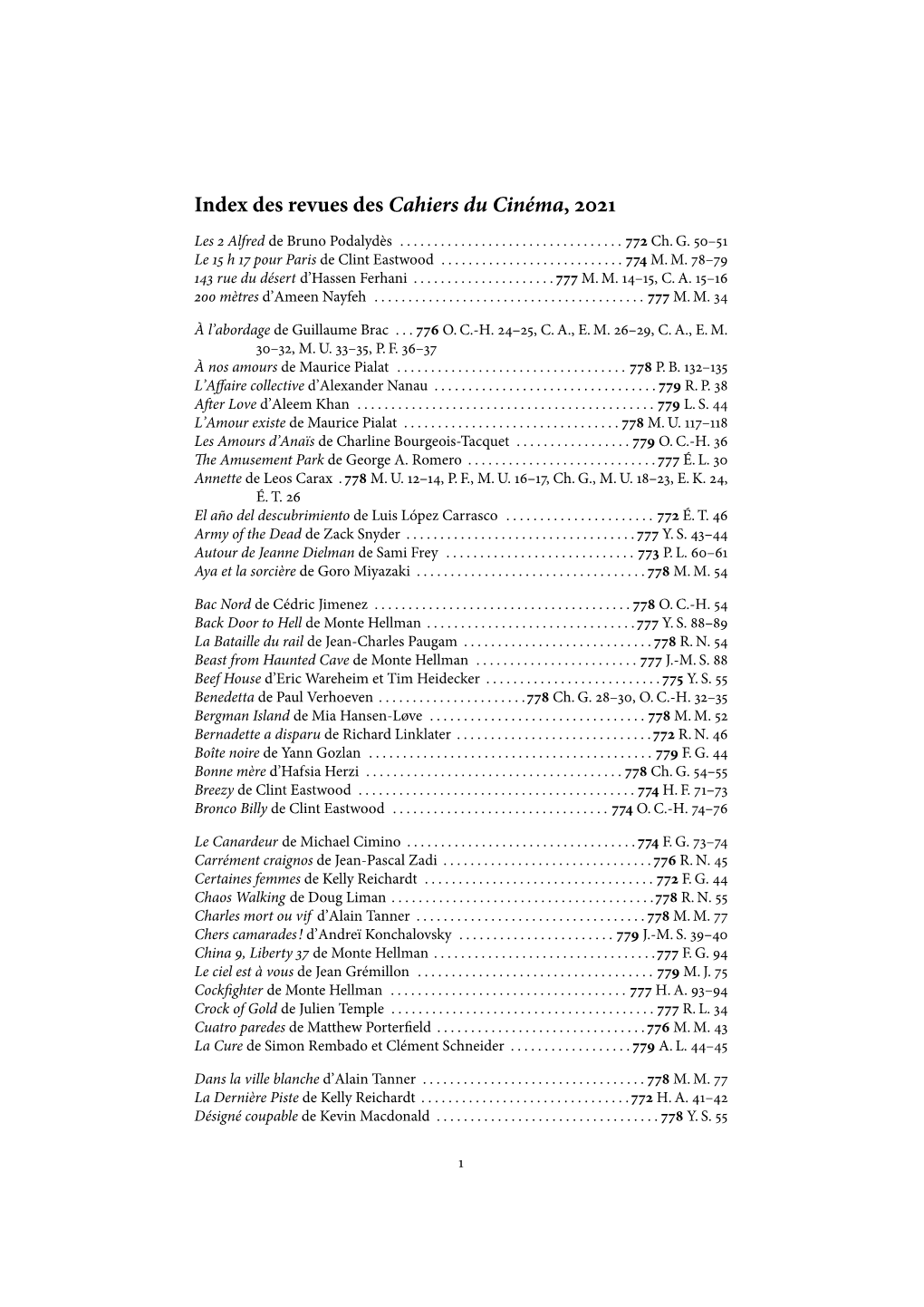 Index Des Revues Des Cahiers Du Cinéma, Óþóõ