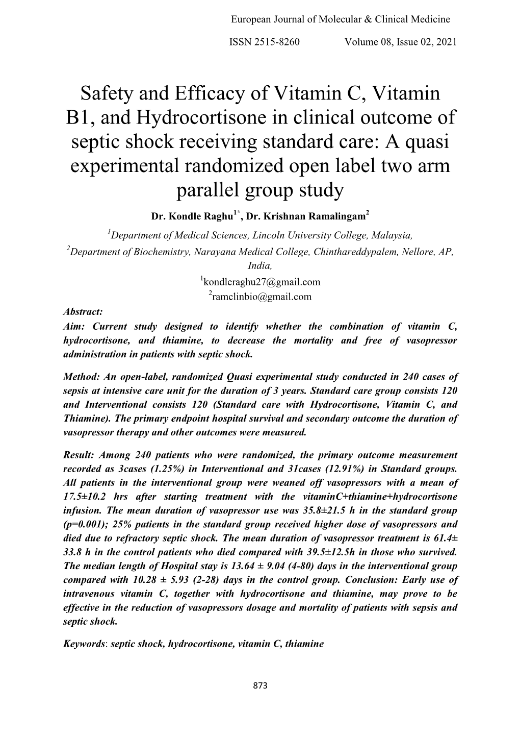 Safety and Efficacy of Vitamin C, Vitamin B1, and Hydrocortisone In