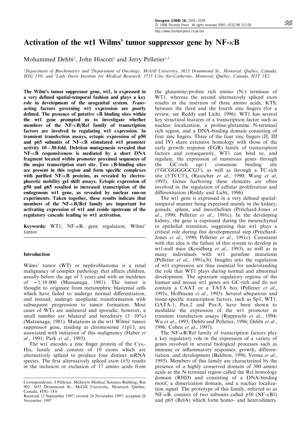 Activation of the Wt1 Wilms' Tumor Suppressor Gene by NF-Кb