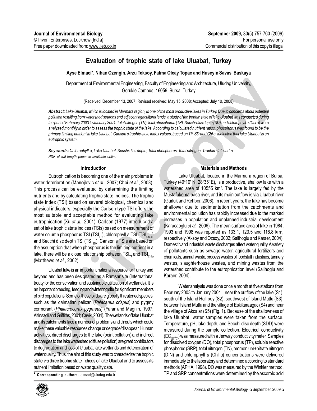 Evaluation of Trophic State of Lake Uluabat, Turkey