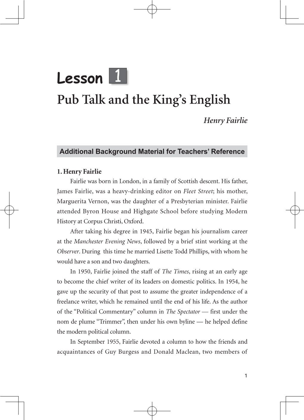Lesson 1 Pub Talk and the King’S English