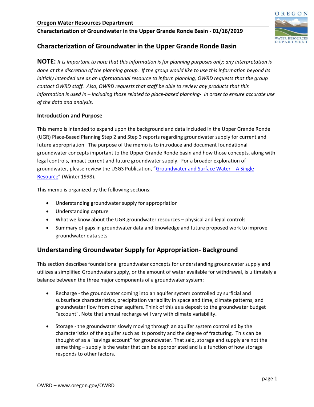 Characterization of Groundwater in the Upper Grande Ronde Basin - 01/16/2019