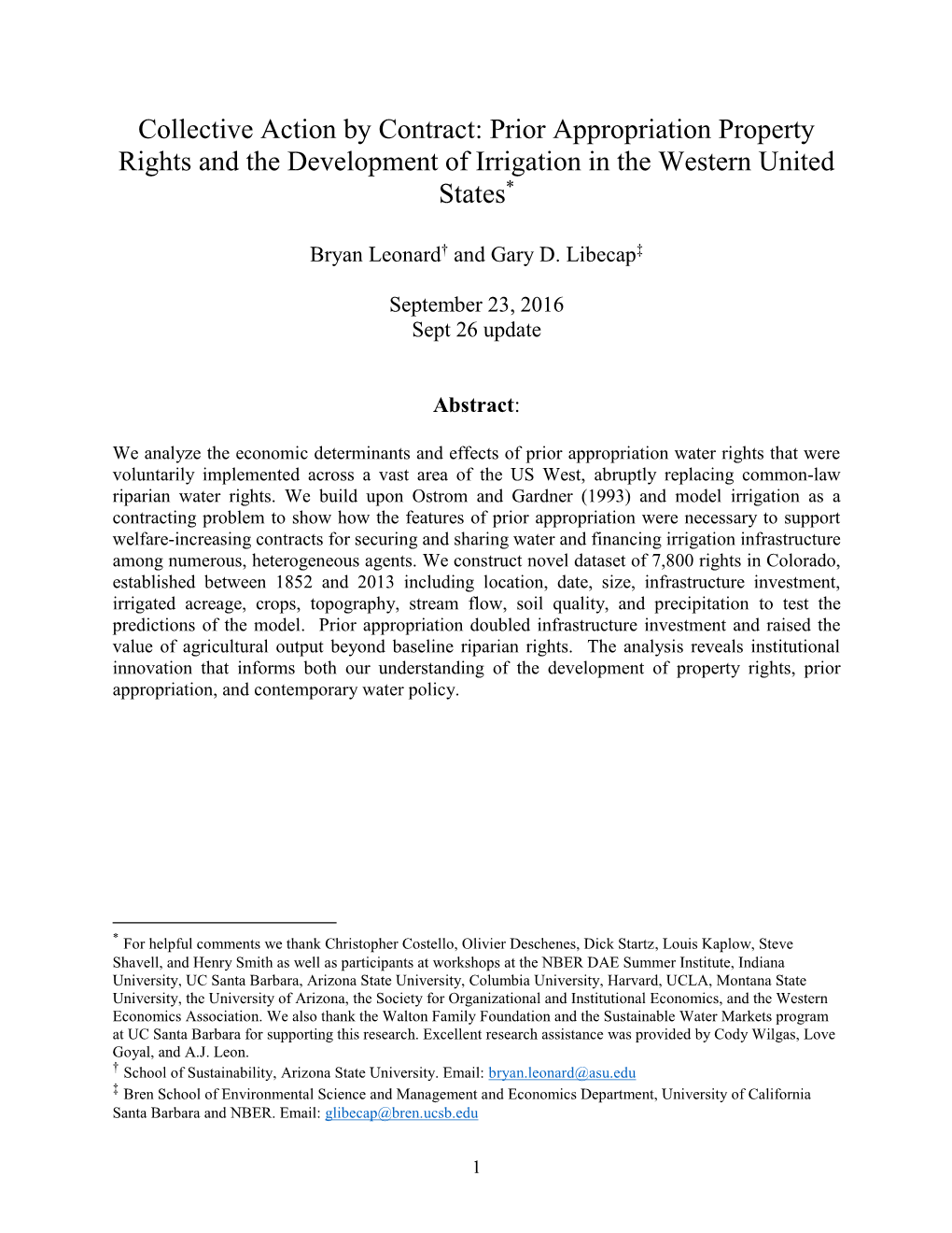 Prior Appropriation Property Rights and the Development of Irrigation in the Western United States*