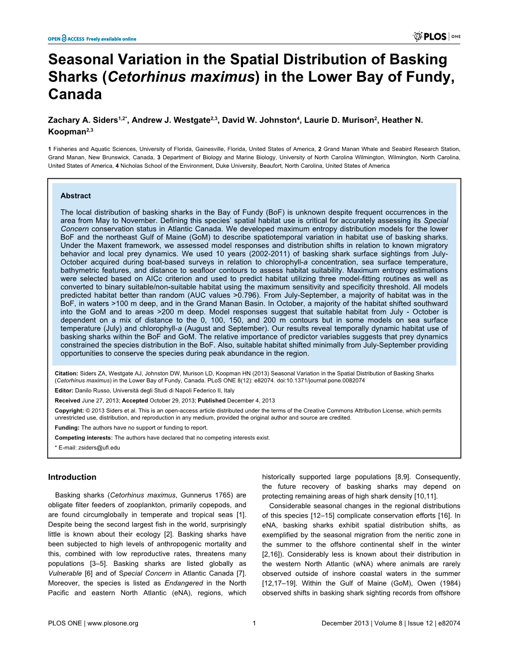 Seasonal Variation in the Spatial Distribution of Basking Sharks (Cetorhinus Maximus) in the Lower Bay of Fundy, Canada