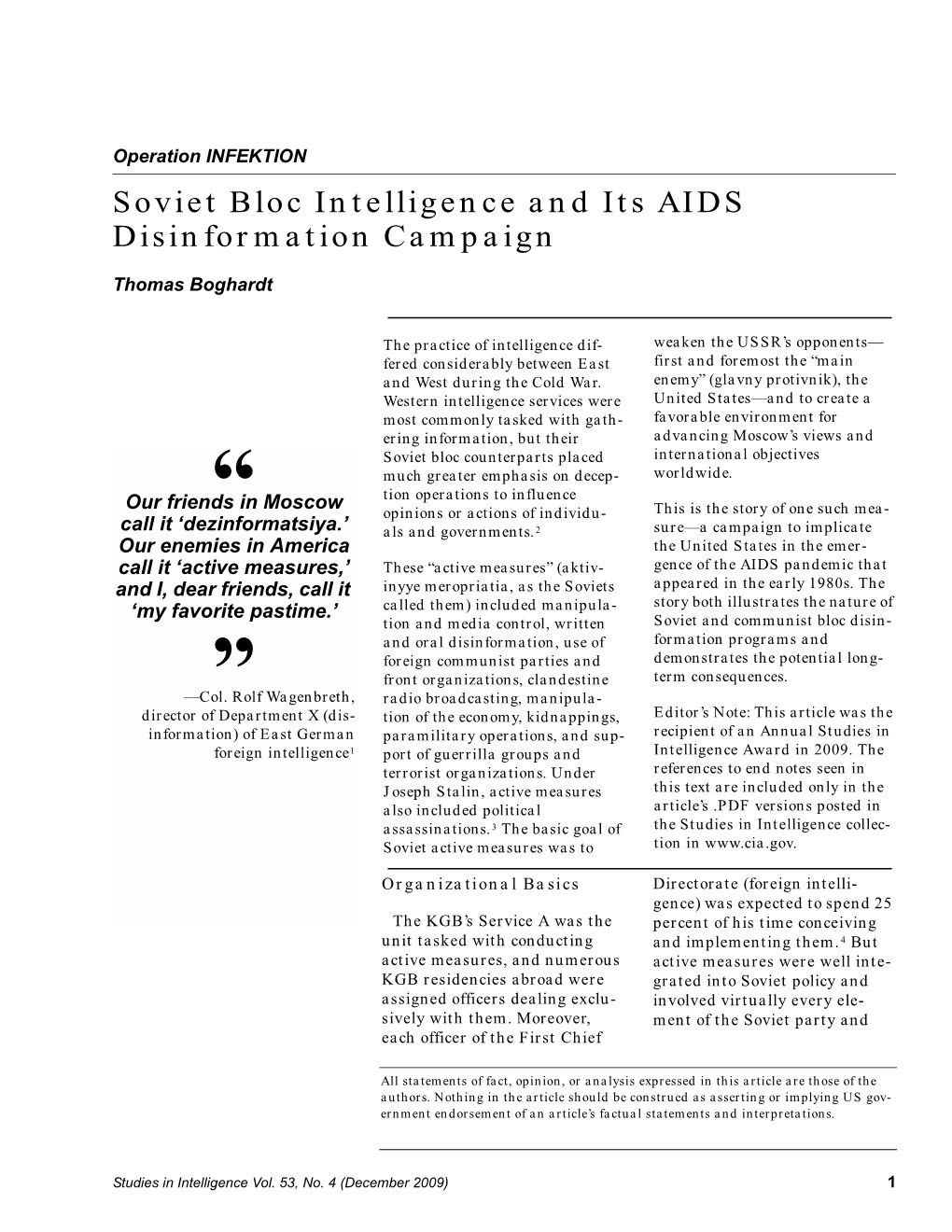 Soviet Bloc Intelligence and Its AIDS Disinformation Campaign