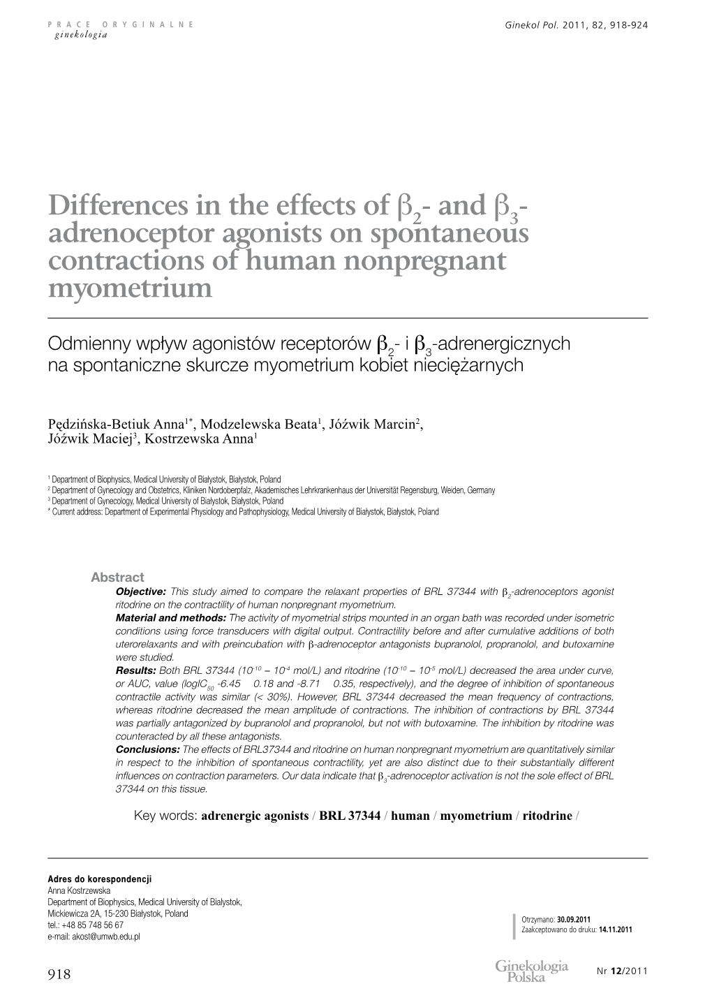 Adrenoceptor Agonists on Spontaneous Contractions of Human Nonpregnant Myometrium