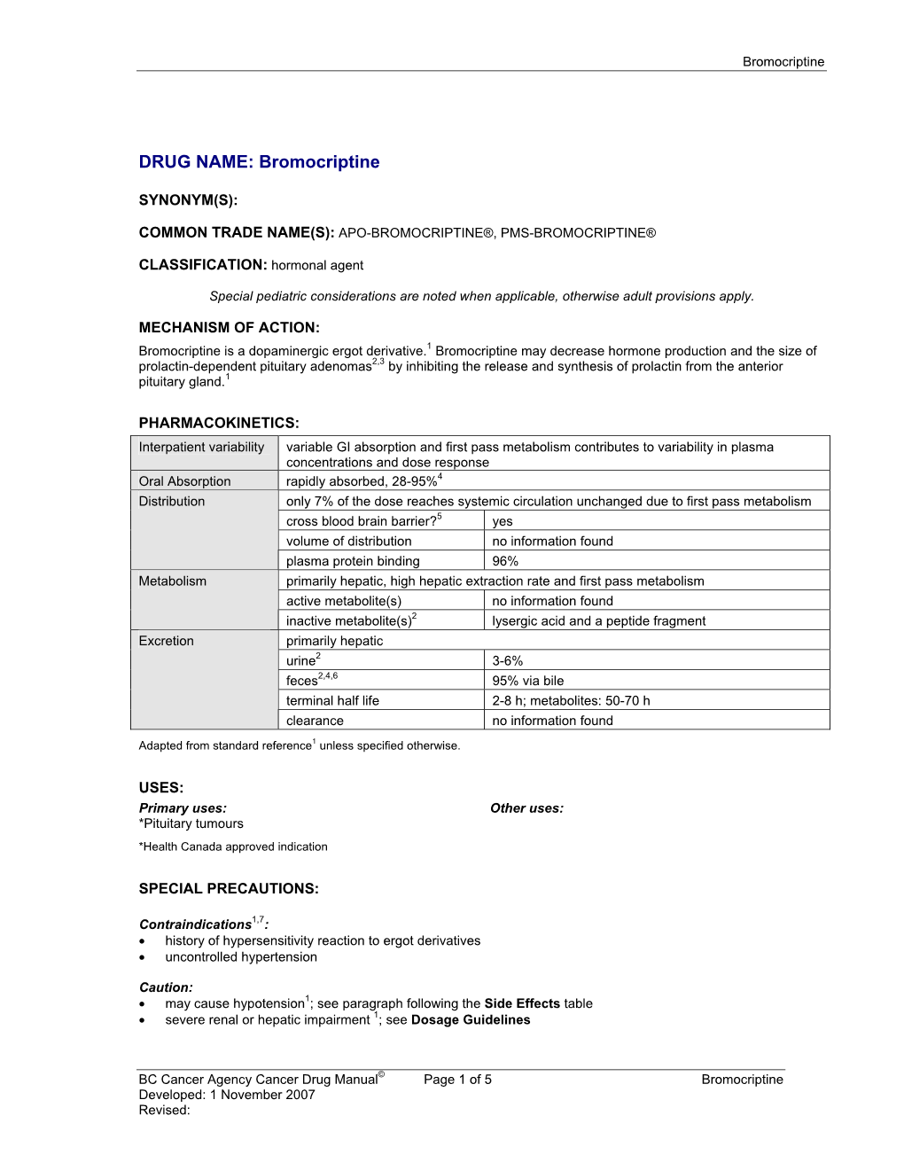 Bromocriptine Monograph, Compendium of Pharmaceuticals and Specialties