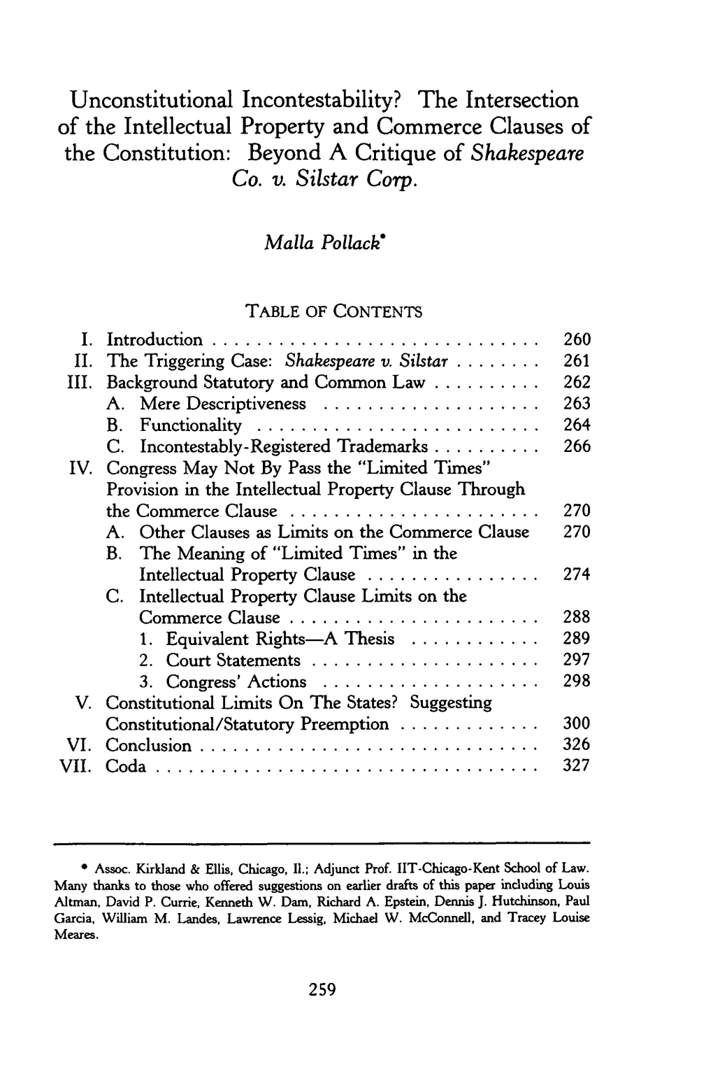 Unconstitutional Incontestability? the Intersection of the Intellectual Property and Commerce Clauses of the Constitution: Beyond a Critique of Shakespeare Co