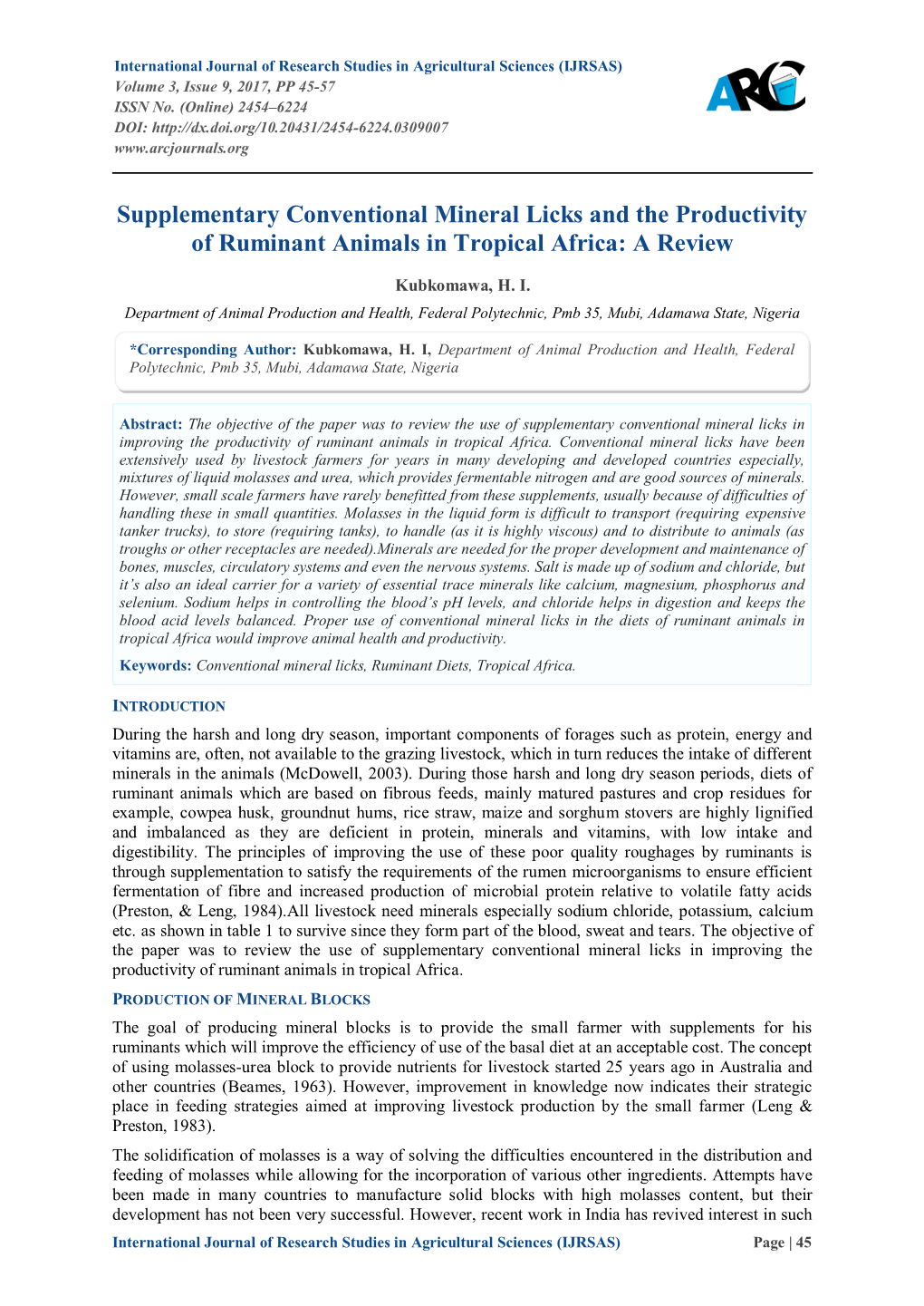 Supplementary Conventional Mineral Licks and the Productivity of Ruminant Animals in Tropical Africa: a Review