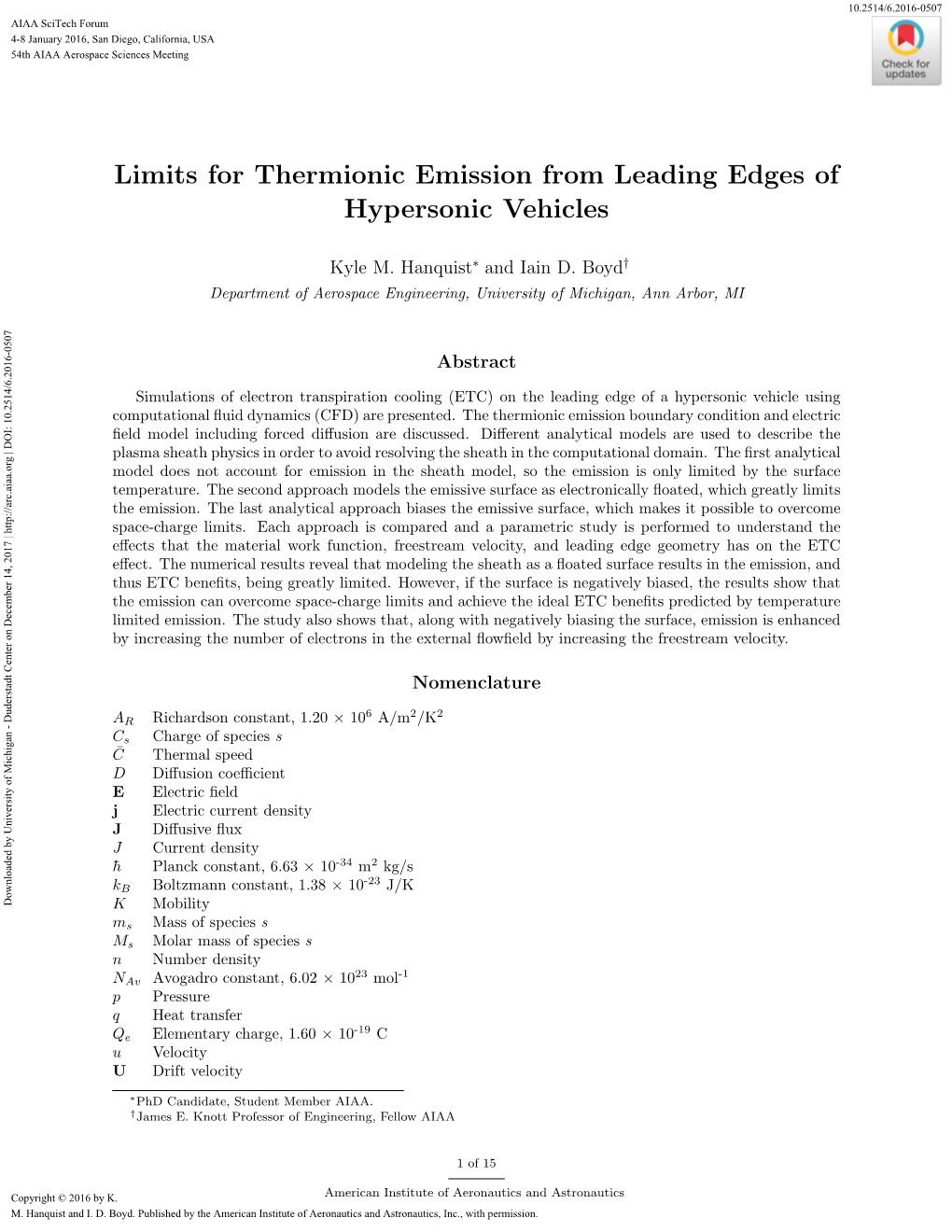 Limits for Thermionic Emission from Leading Edges of Hypersonic Vehicles