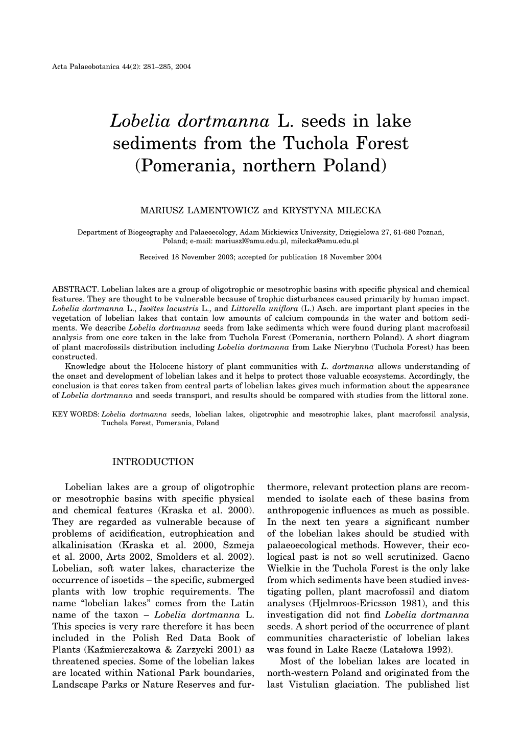 Lobelia Dortmanna L. Seeds in Lake Sediments from the Tuchola Forest (Pomerania, Northern Poland)