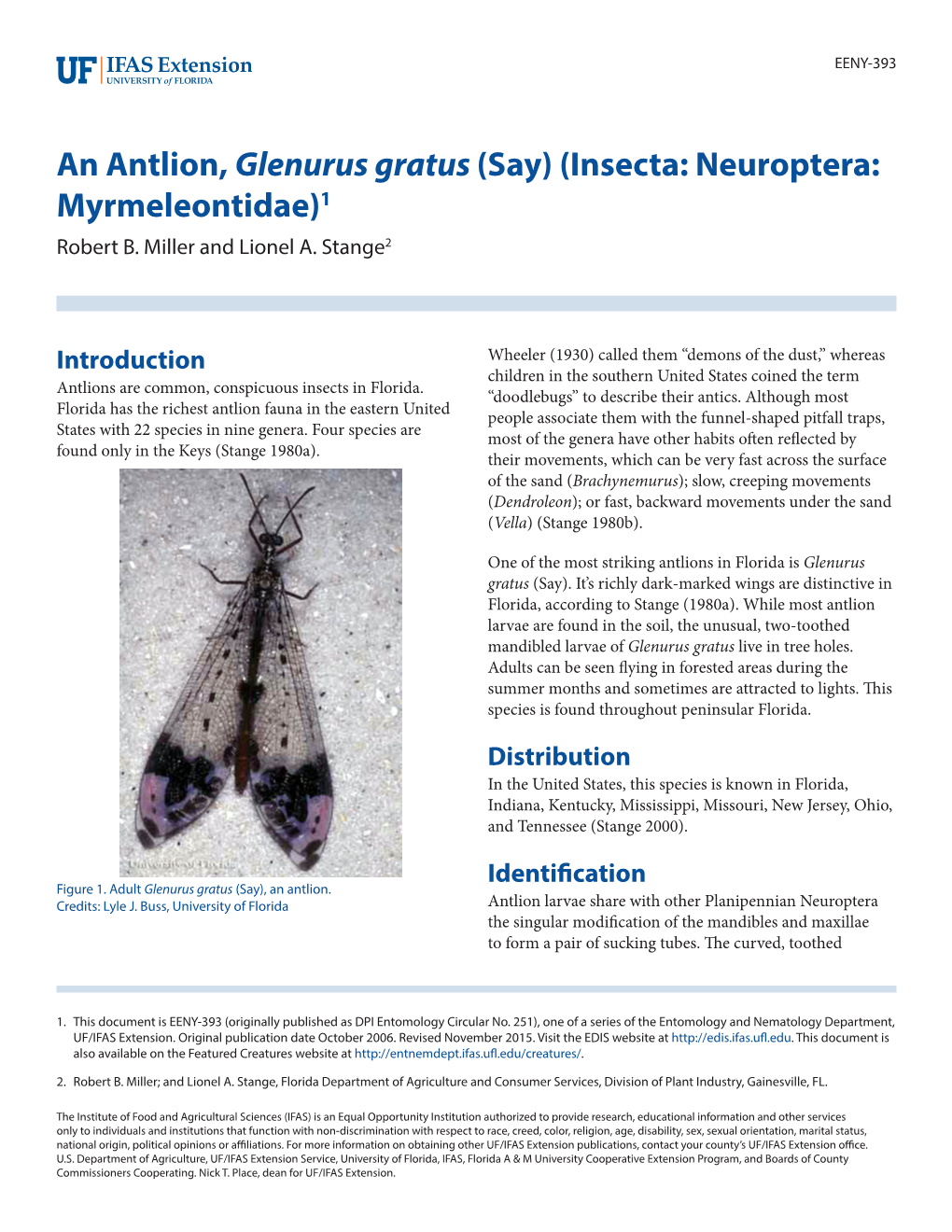 An Antlion, Glenurus Gratus (Say) (Insecta: Neuroptera: Myrmeleontidae)1 Robert B