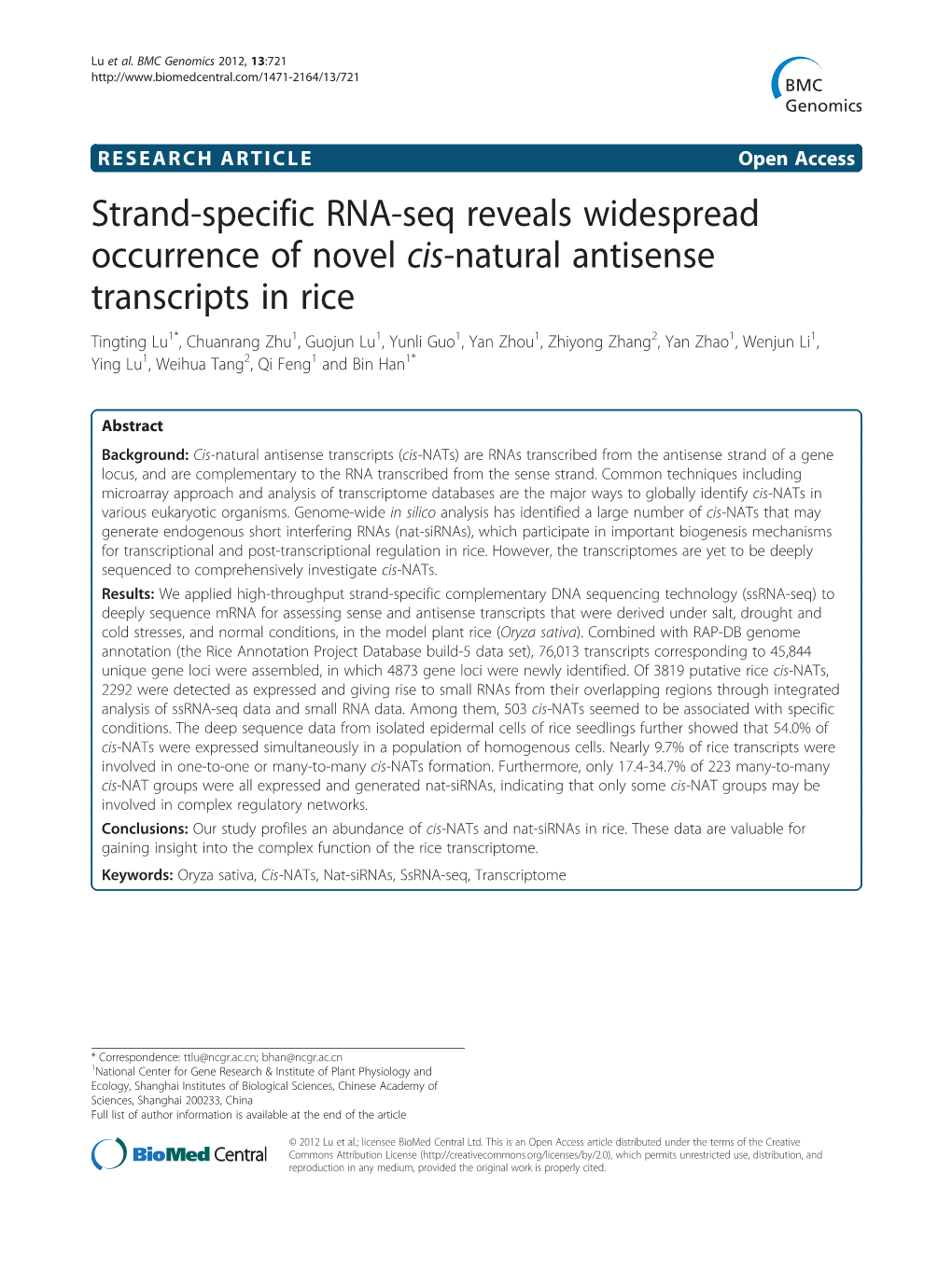 Strand-Specific RNA-Seq Reveals Widespread Occurrence of Novel Cis