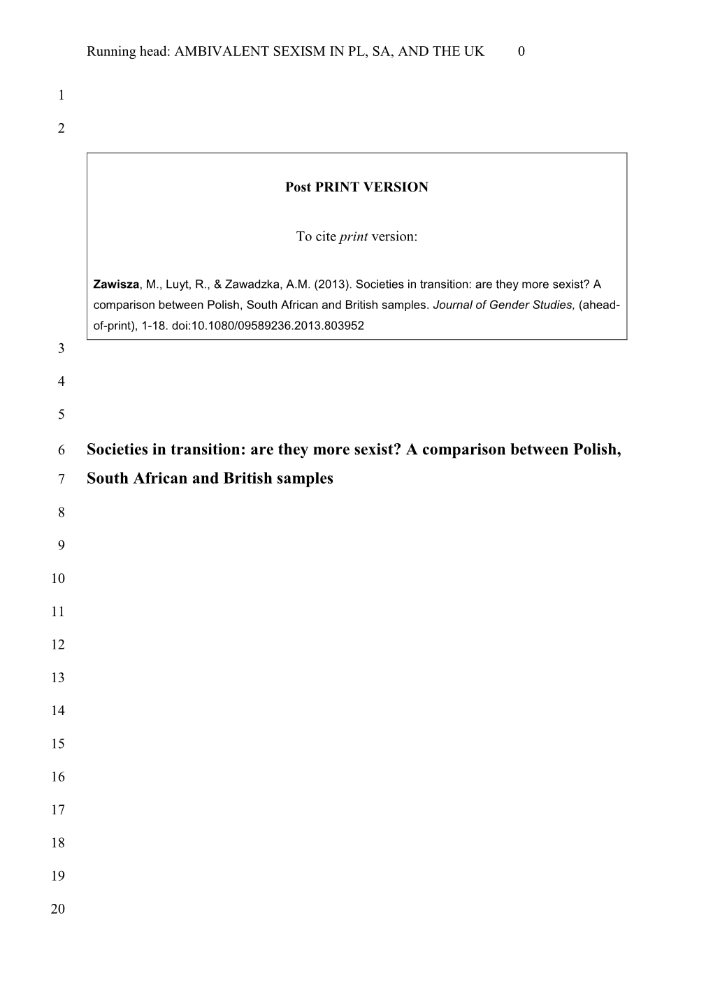 Societies in Transition: Are They More Sexist? a Comparison Between Polish, South African and British Samples