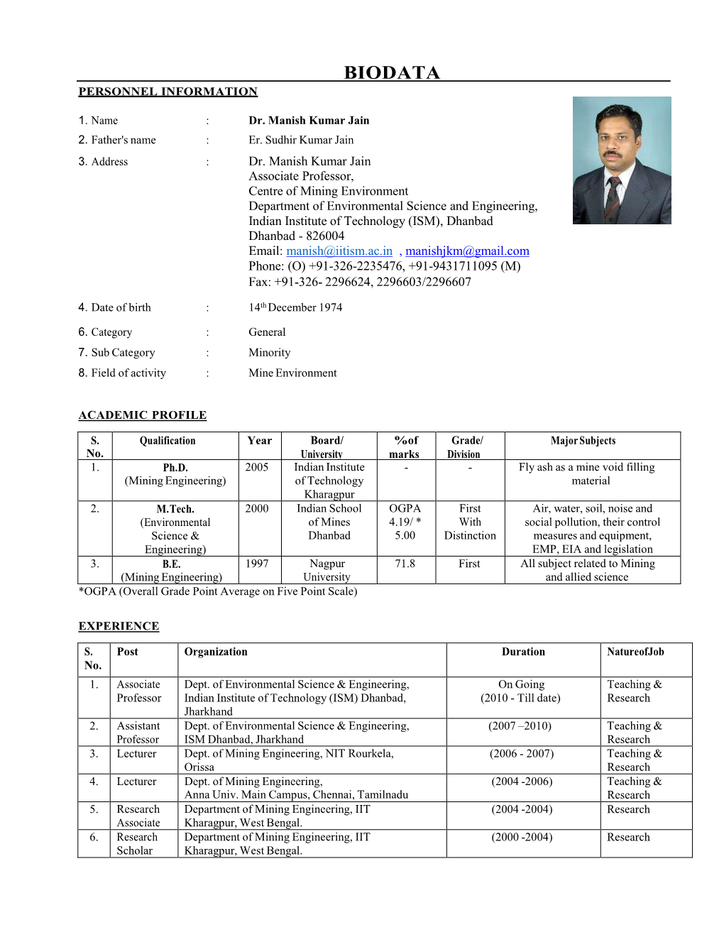 Bio Data Personnel Information