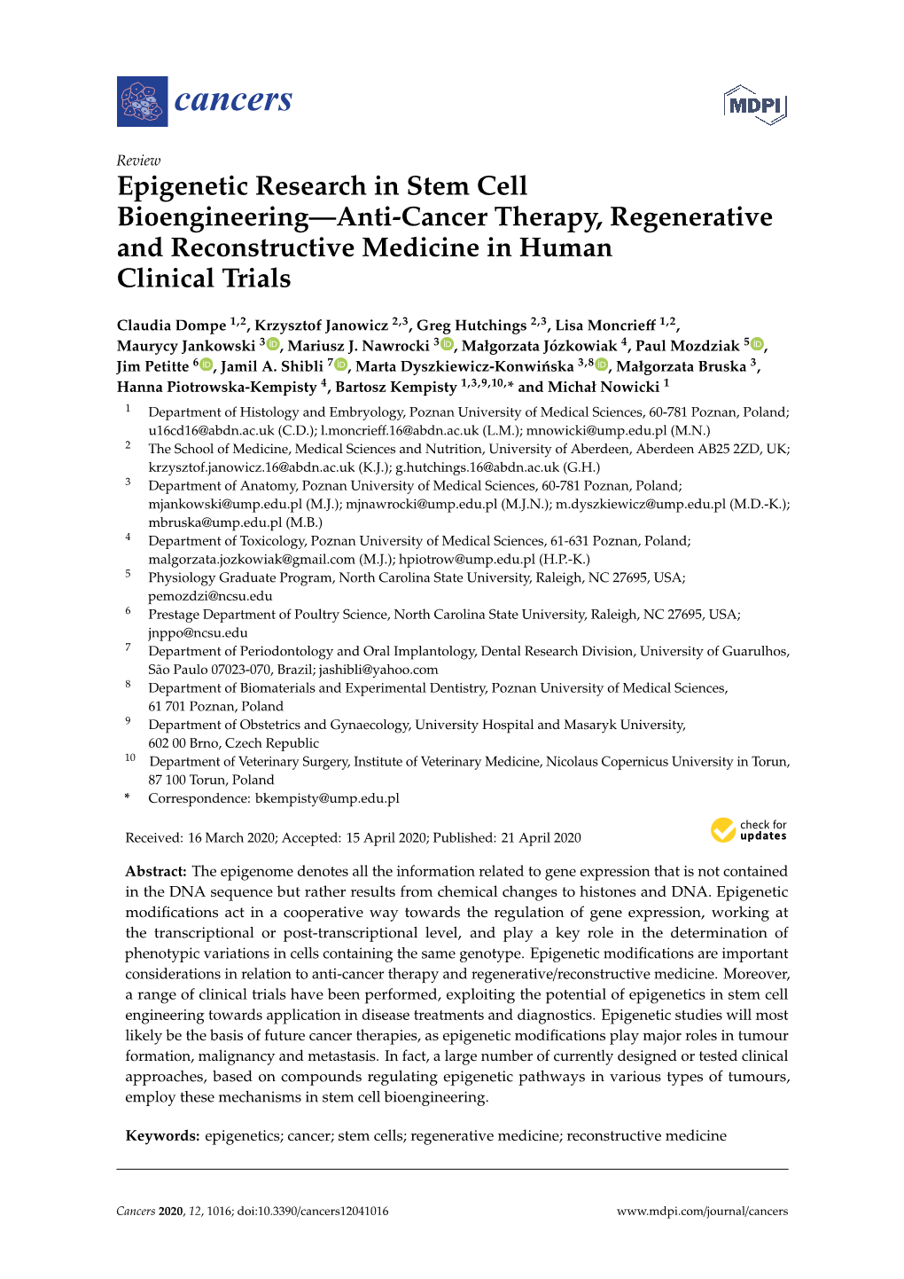 Epigenetic Research in Stem Cell Bioengineering—Anti-Cancer Therapy, Regenerative and Reconstructive Medicine in Human Clinical Trials