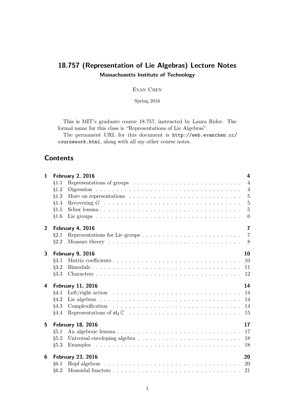 Representation of Lie Algebras) Lecture Notes Massachusetts Institute of Technology