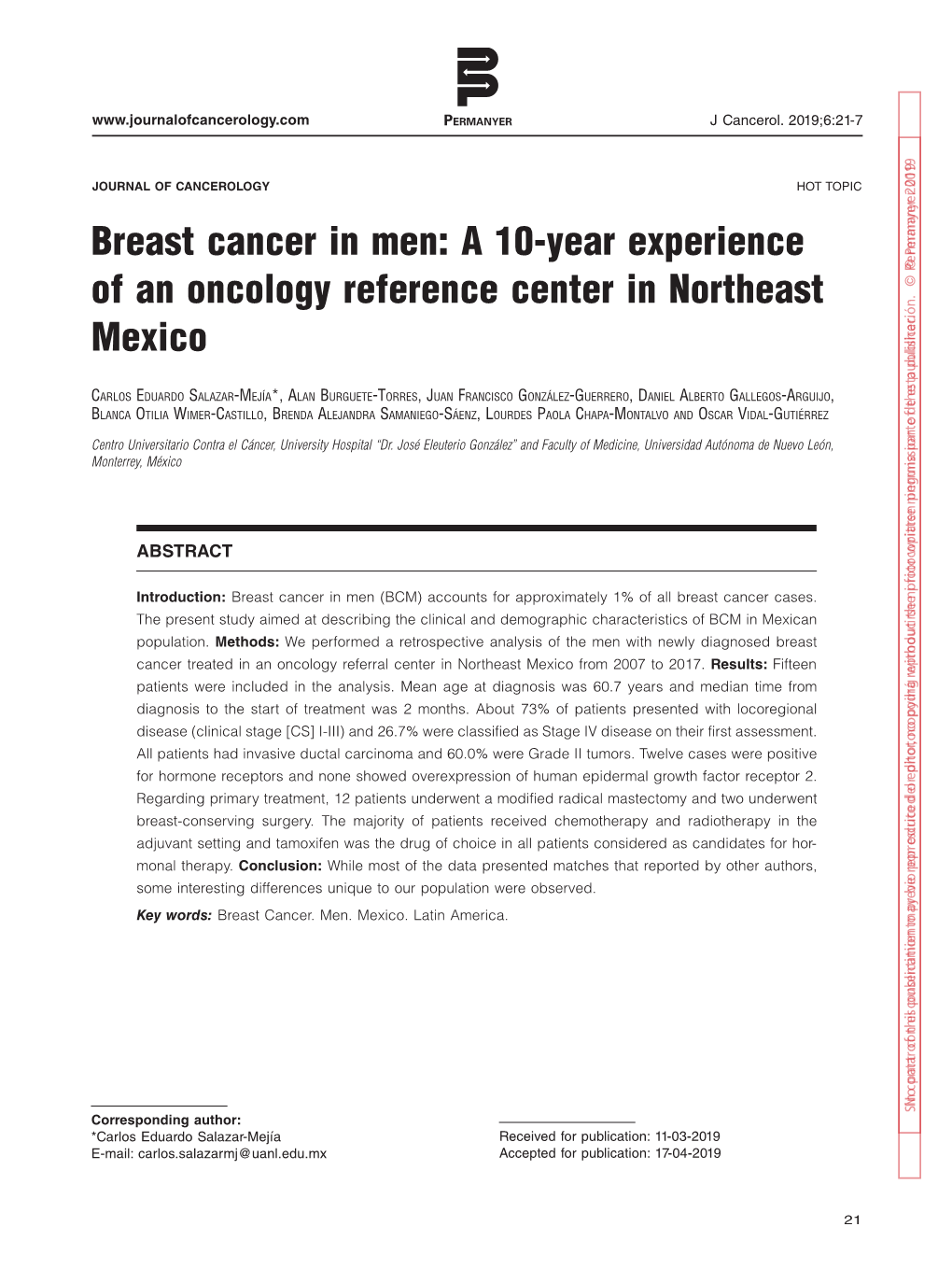 Breast Cancer in Men: a 10-Year Experience © Permanyer 2019 © Permanyer 2019 of an Oncology Reference Center in Northeast