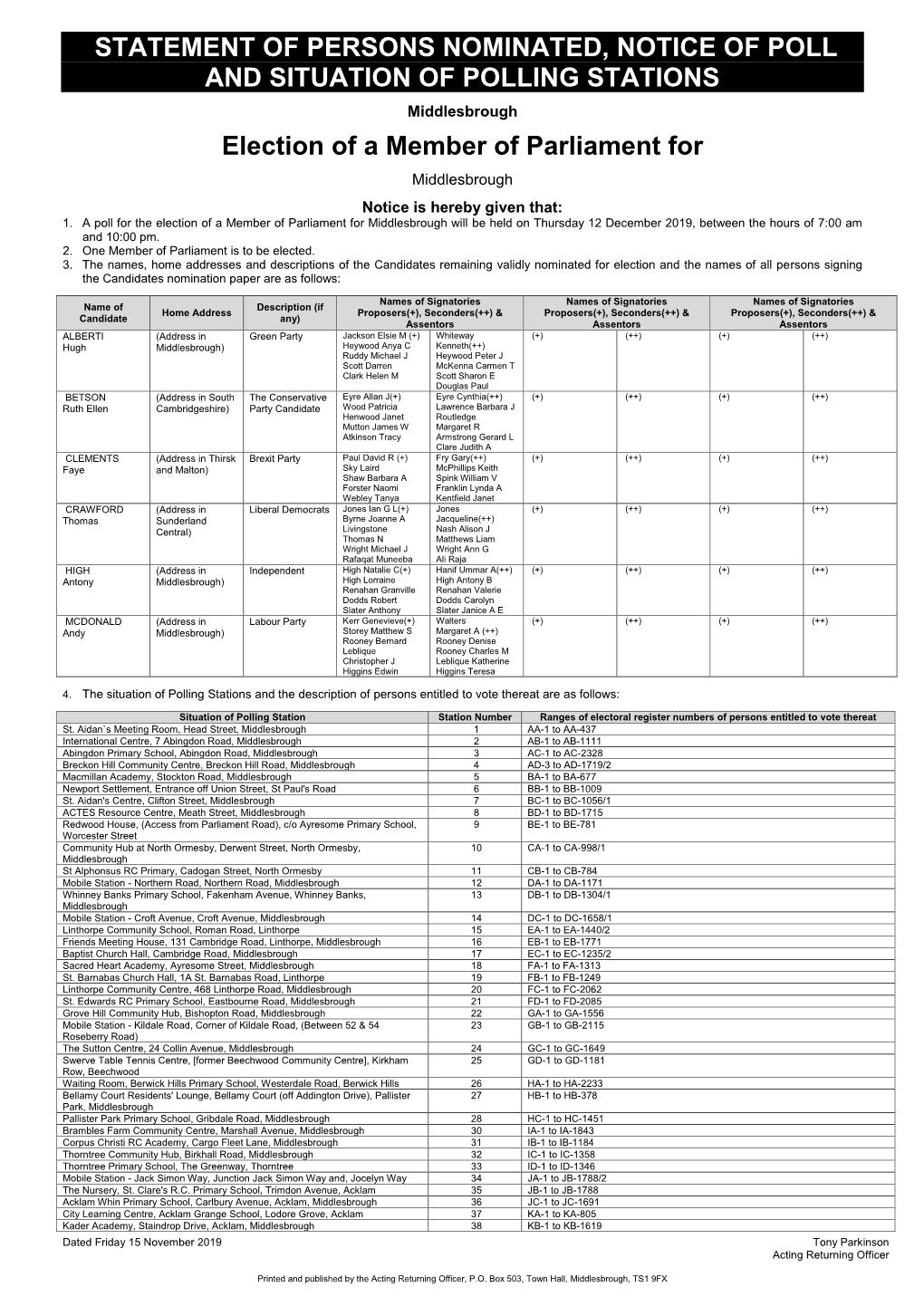 Statement of Persons Nominated, Notice of Poll and Situation of Polling Stations