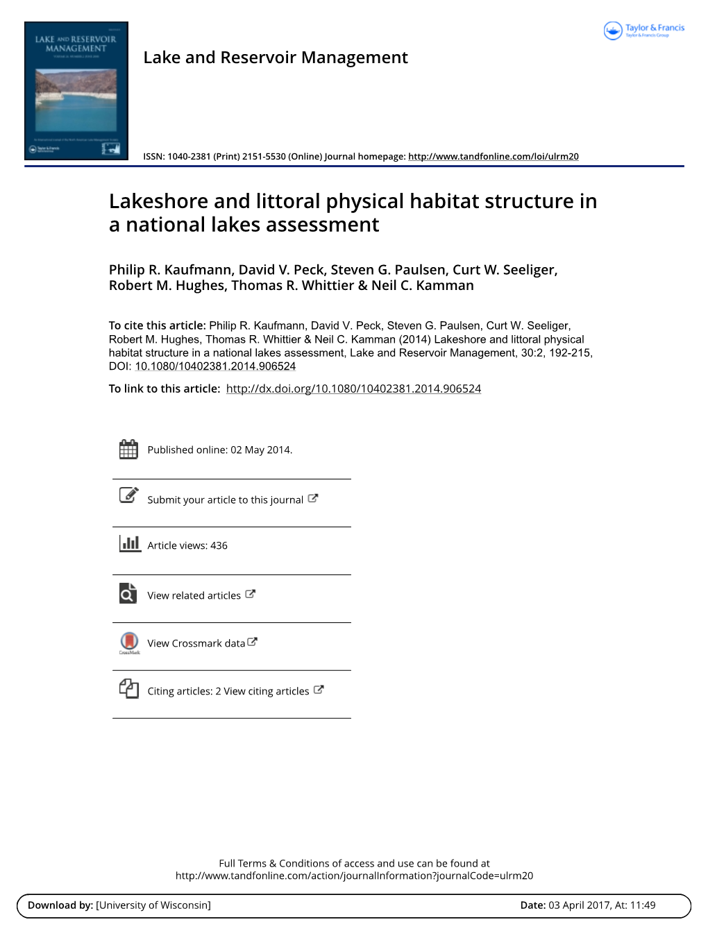 Lakeshore and Littoral Physical Habitat Structure in a National Lakes Assessment