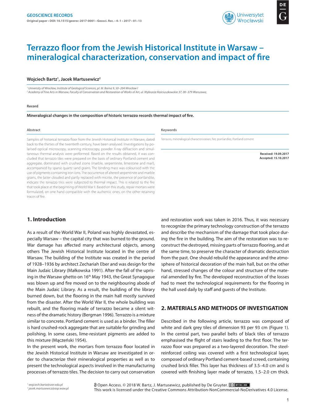 Terrazzo Floor from the Jewish Historical Institute in Warsaw – Mineralogical Characterization, Conservation and Impact of Fire