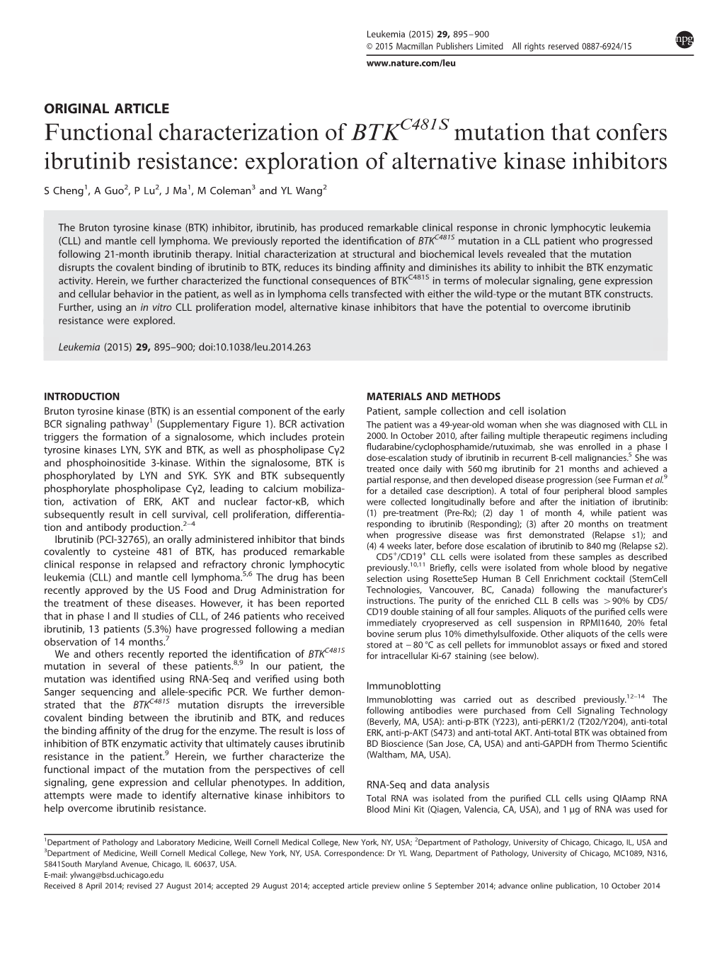 Functional Characterization of BTK C481S Mutation That Confers