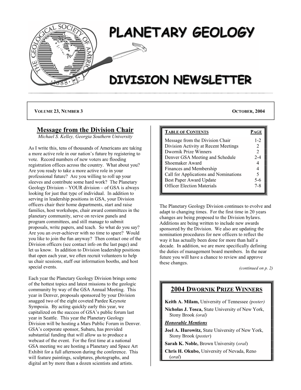 Message from the Division Chair TABLE of CONTENTS PAGE Michael S