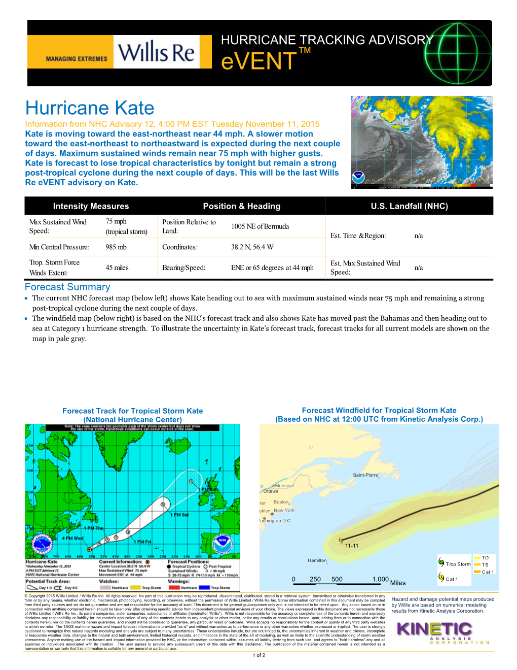 Hurricane Kate Information from NHC Advisory 12, 4:00 PM EST Tuesday November 11, 2015 Kate Is Moving Toward the East-Northeast Near 44 Mph