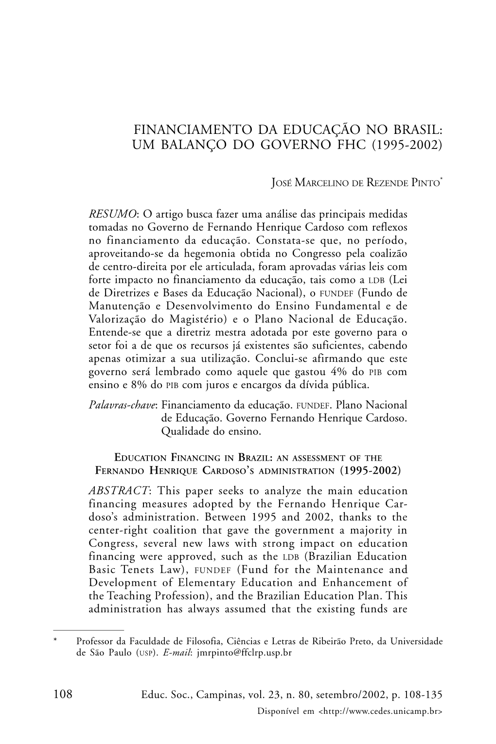 Financiamento Da Educação No Brasil: Um Balanço Do Governo Fhc (1995-2002)