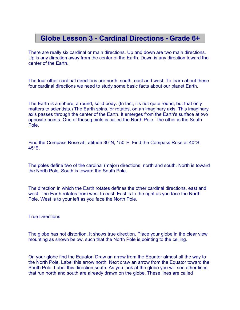 Globe Lesson 3 - Cardinal Directions - Grade 6+