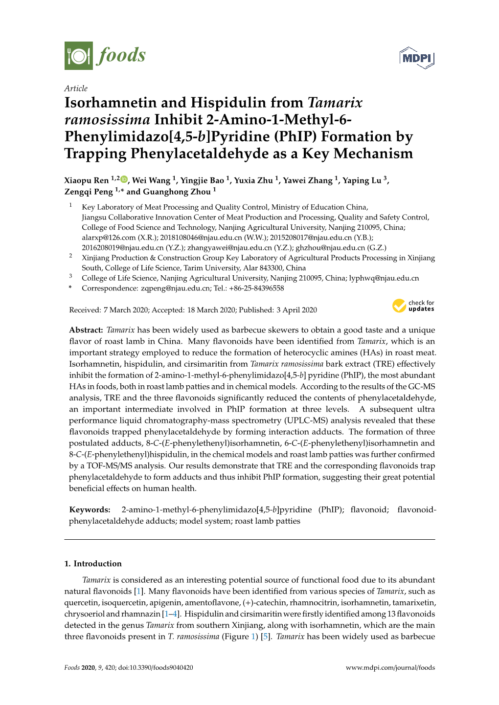 Isorhamnetin and Hispidulin from Tamarix Ramosissima Inhibit