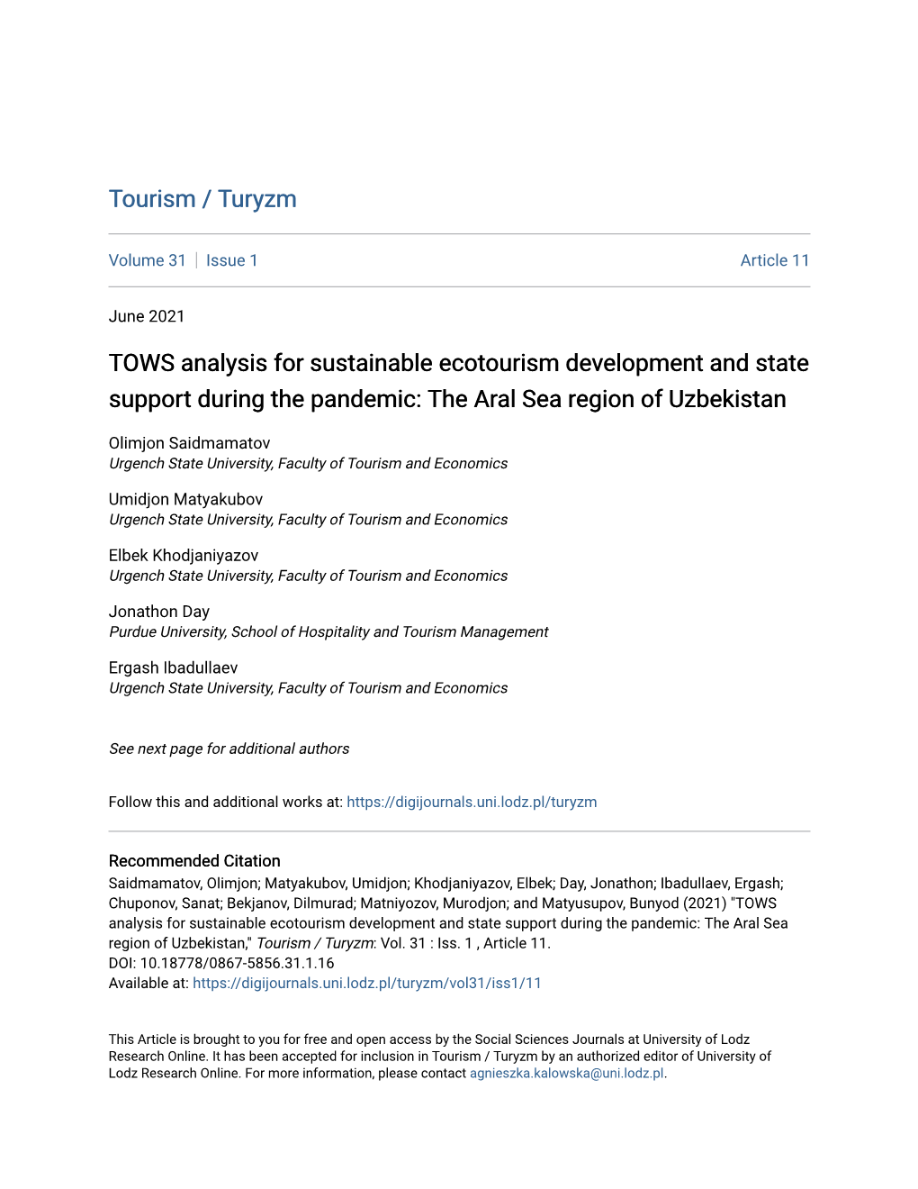 TOWS Analysis for Sustainable Ecotourism Development and State Support During the Pandemic: the Aral Sea Region of Uzbekistan