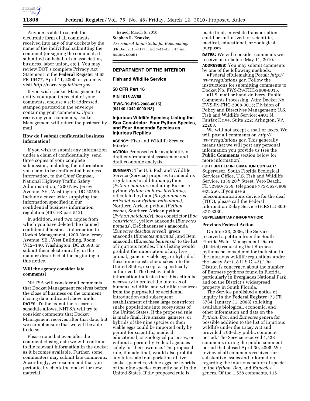 Federal Register/Vol. 75, No. 48/Friday, March 12, 2010/Proposed Rules