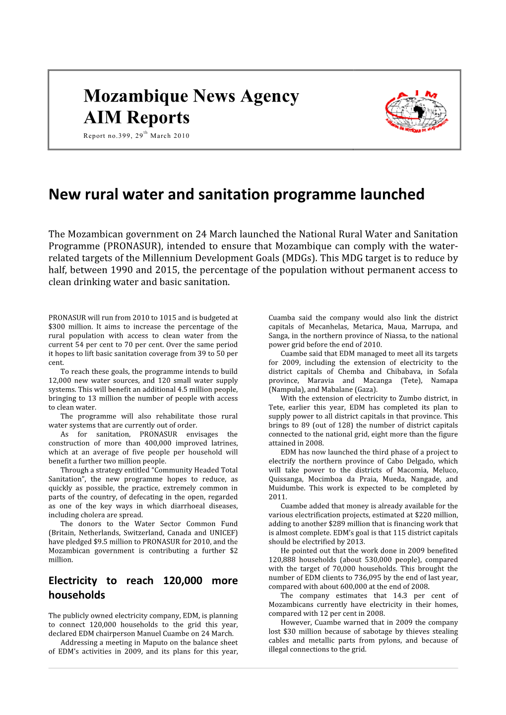 Mozambique News Agency AIM Reports Th Report No.399, 29 March 2010