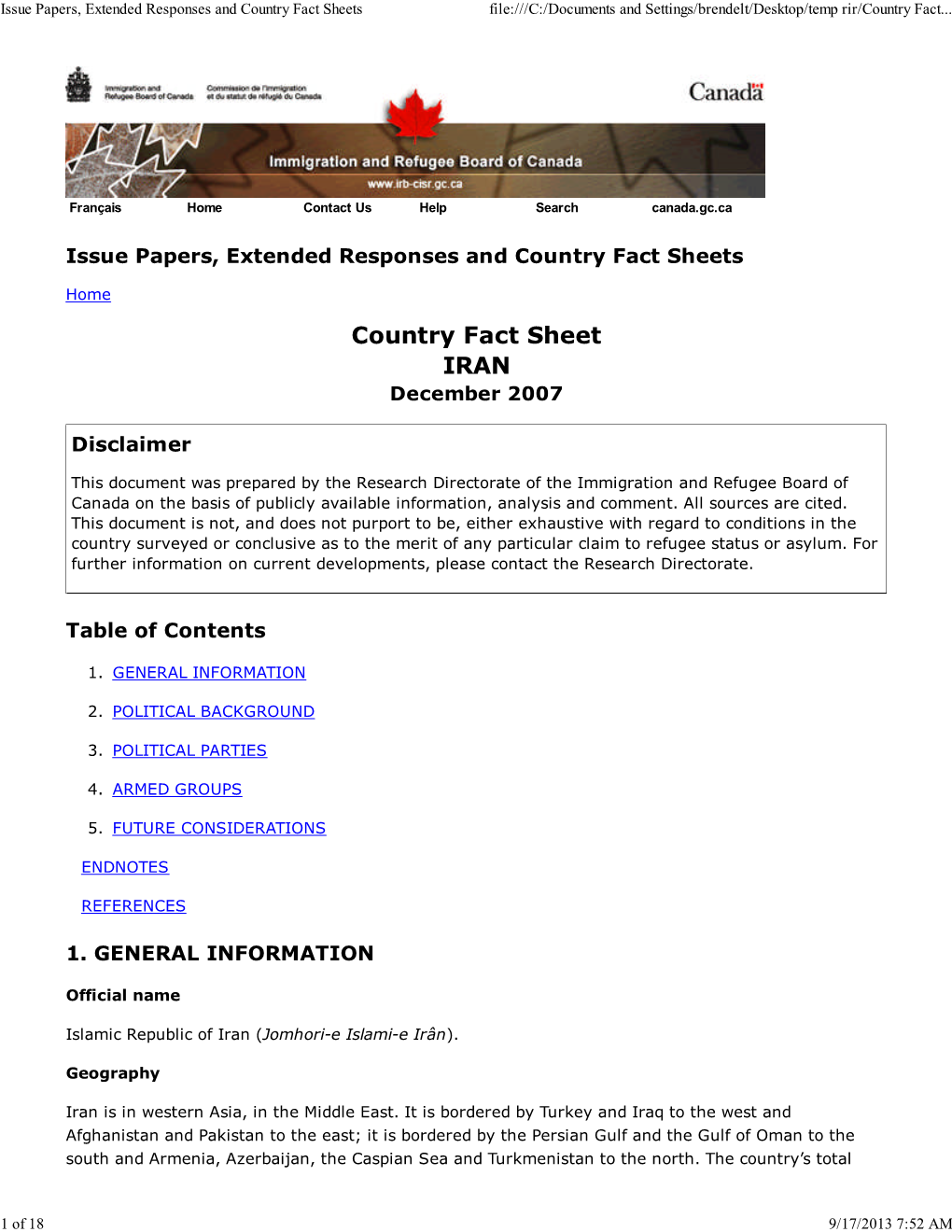 Iran Country Fact Sheet