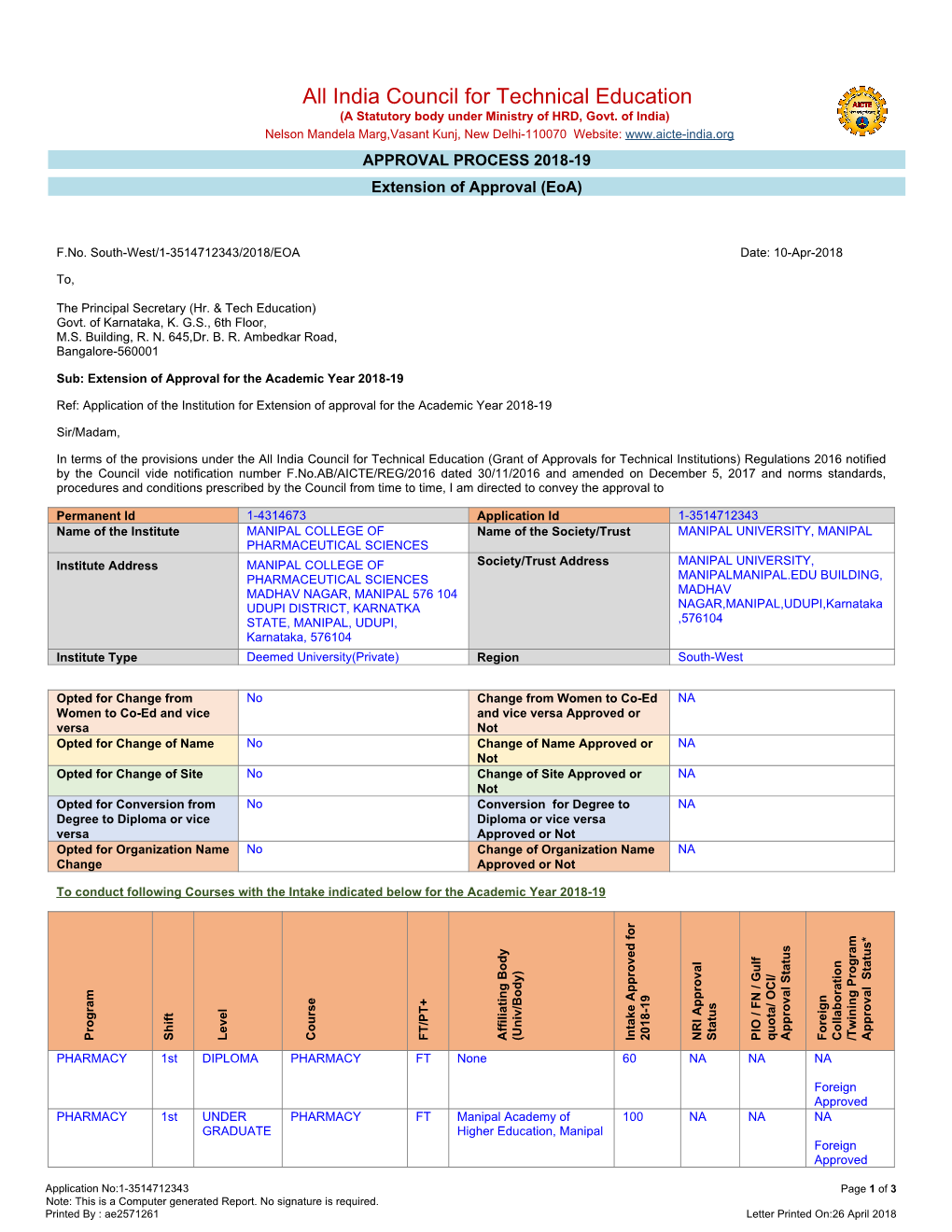 All India Council for Technical Education (A Statutory Body Under Ministry of HRD, Govt