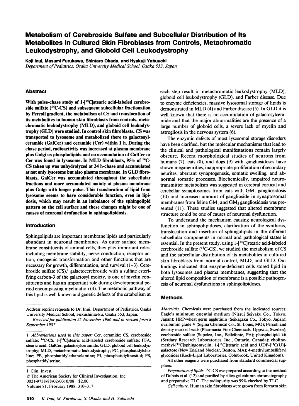 Metabolism of Cerebroside Sulfate and Subcellular Distribution of Its