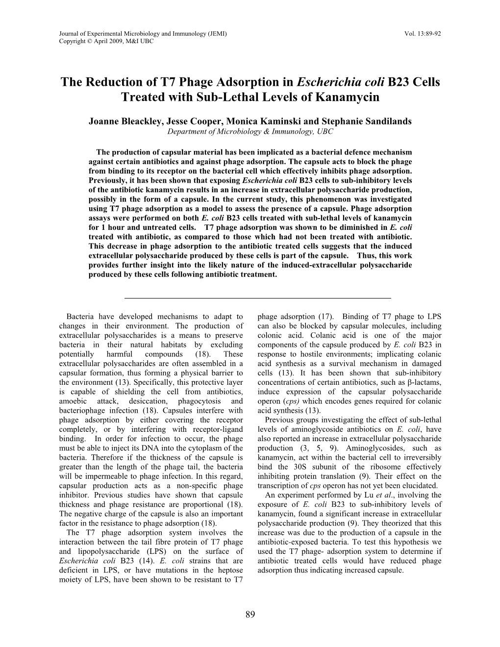 The Reduction of T7 Phage Adsorption in Escherichia Coli B23 Cells Treated with Sub-Lethal Levels of Kanamycin