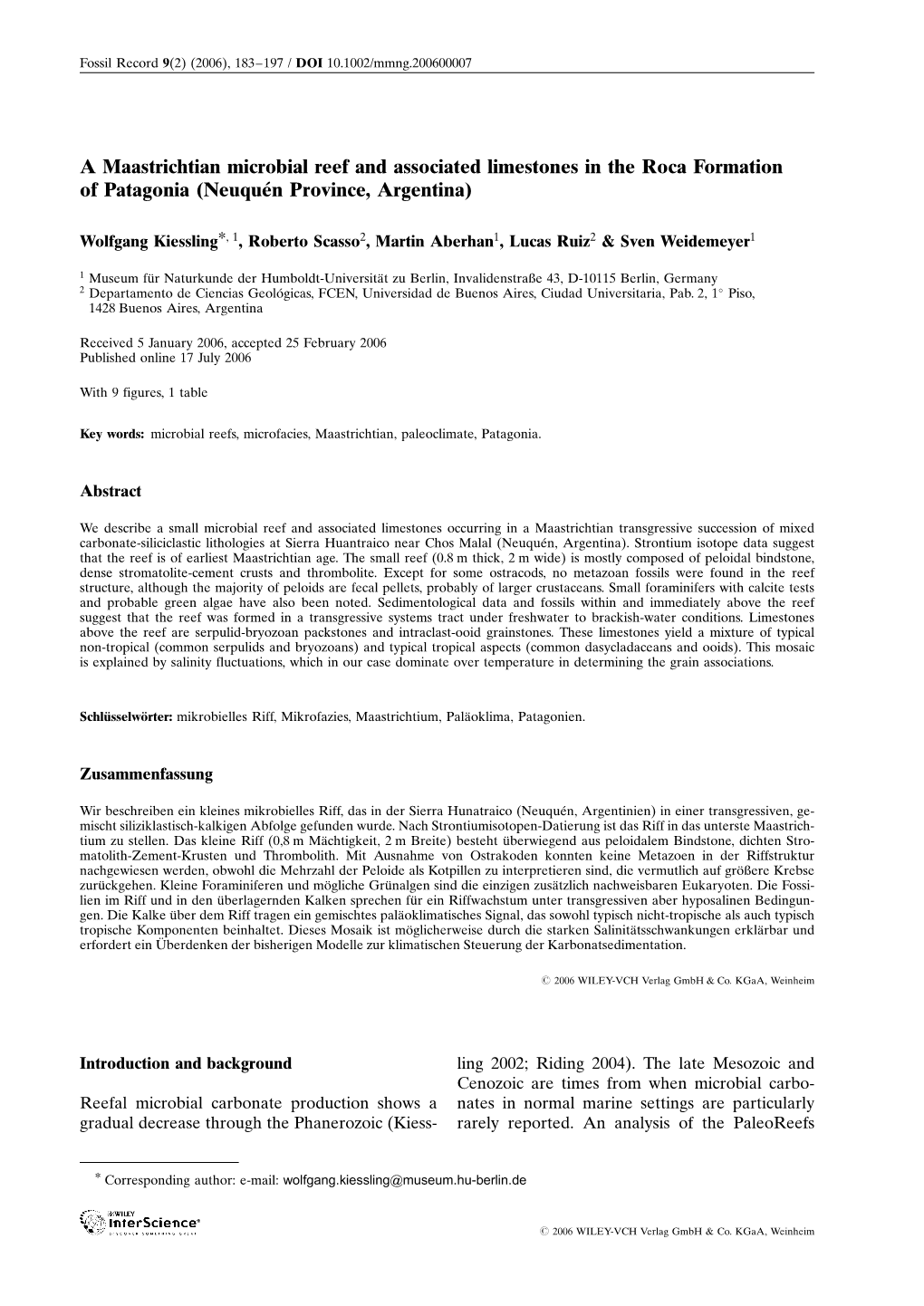 A Maastrichtian Microbial Reef and Associated Limestones in the Roca Formation of Patagonia (Neuquén Province, Argentina)