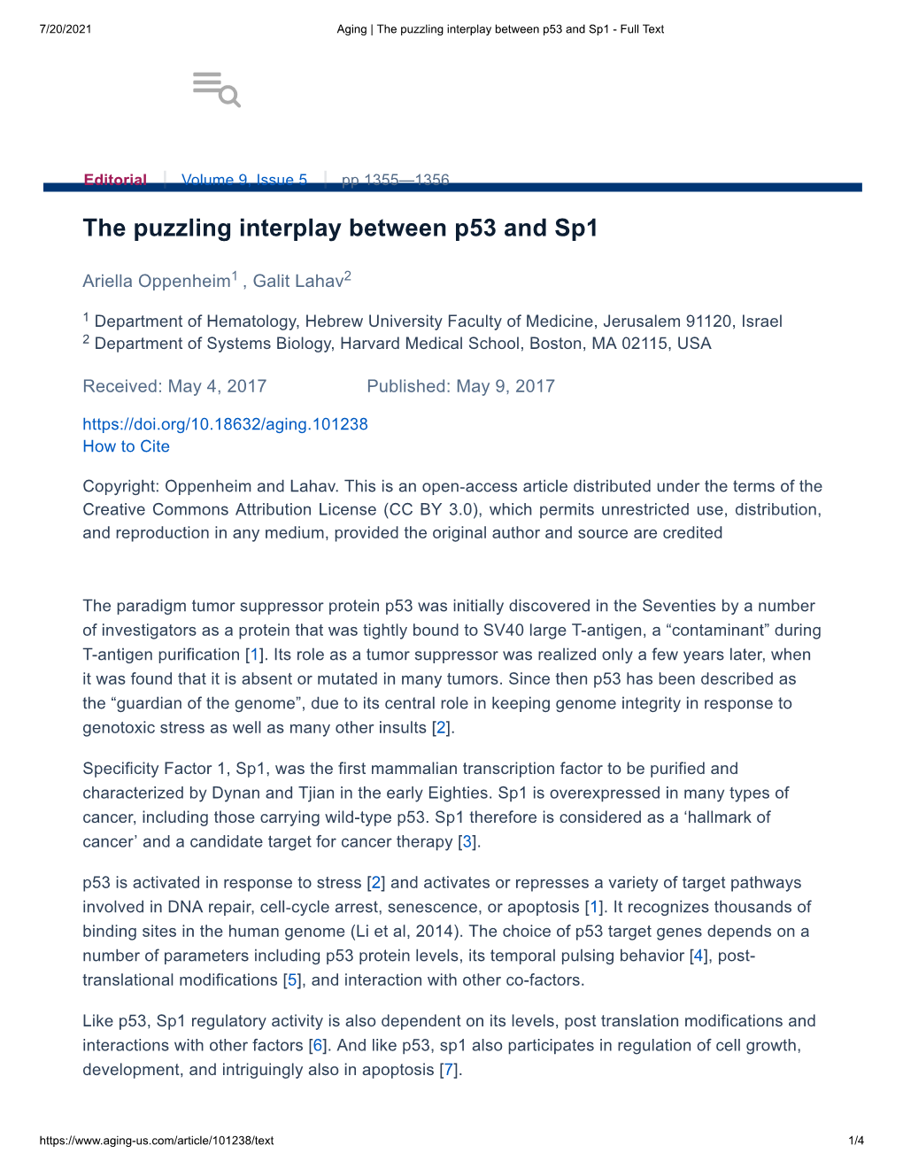 The Puzzling Interplay Between P53 and Sp1 - Full Text