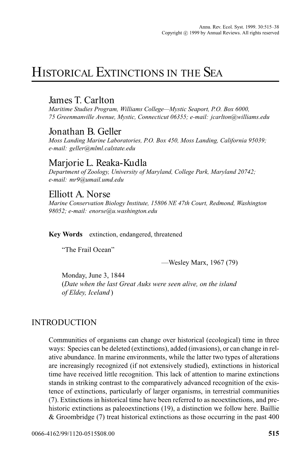 HISTORICAL EXTINCTIONS in the SEA James T. Carlton Jonathan B