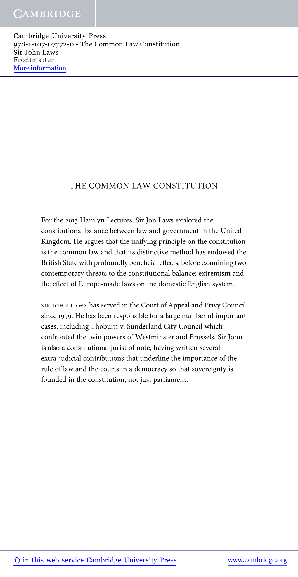 The Common Law Constitution Sir John Laws Frontmatter More Information