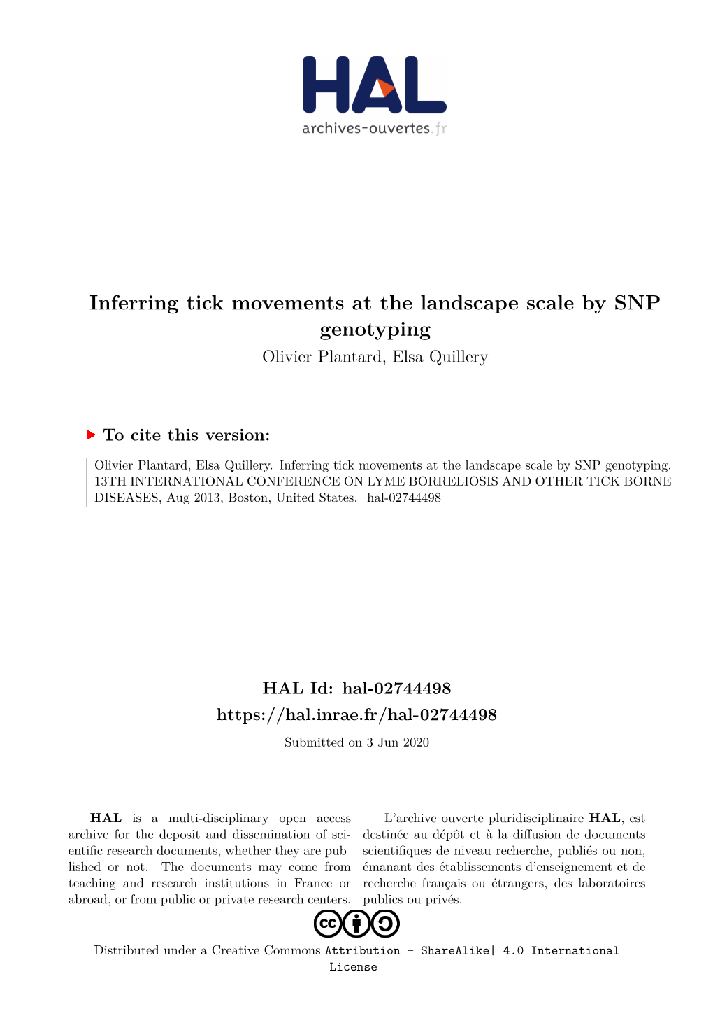 Inferring Tick Movements at the Landscape Scale by SNP Genotyping Olivier Plantard, Elsa Quillery