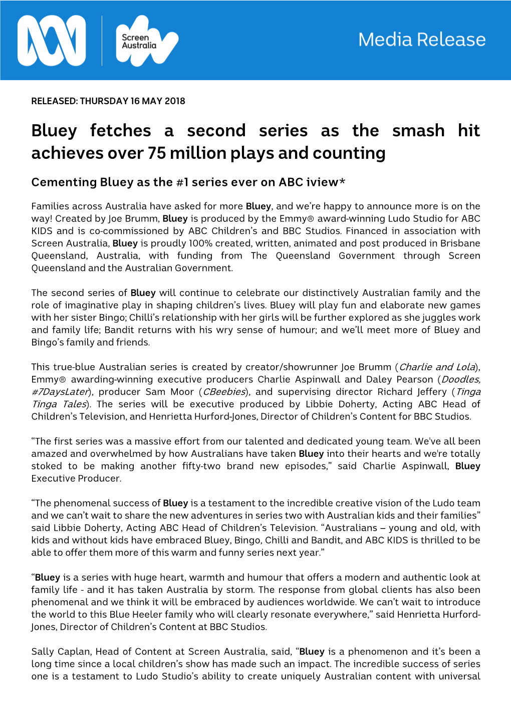 Bluey Fetches a Second Series As the Smash Hit Achieves Over 75 Million Plays and Counting