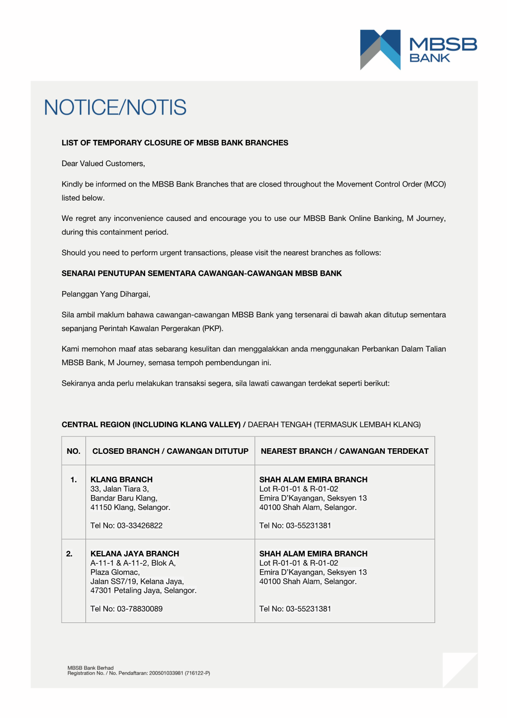 LIST of TEMPORARY CLOSURE of MBSB BANK BRANCHES Dear