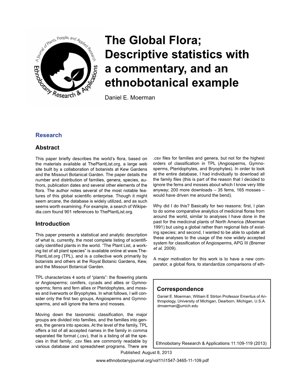 The Global Flora; Descriptive Statistics with a Commentary, and an Ethnobotanical Example Daniel E