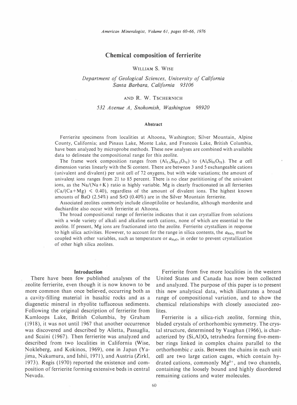 Chemical Composition of Ferrierite WILLIAM S. WISE 93/06