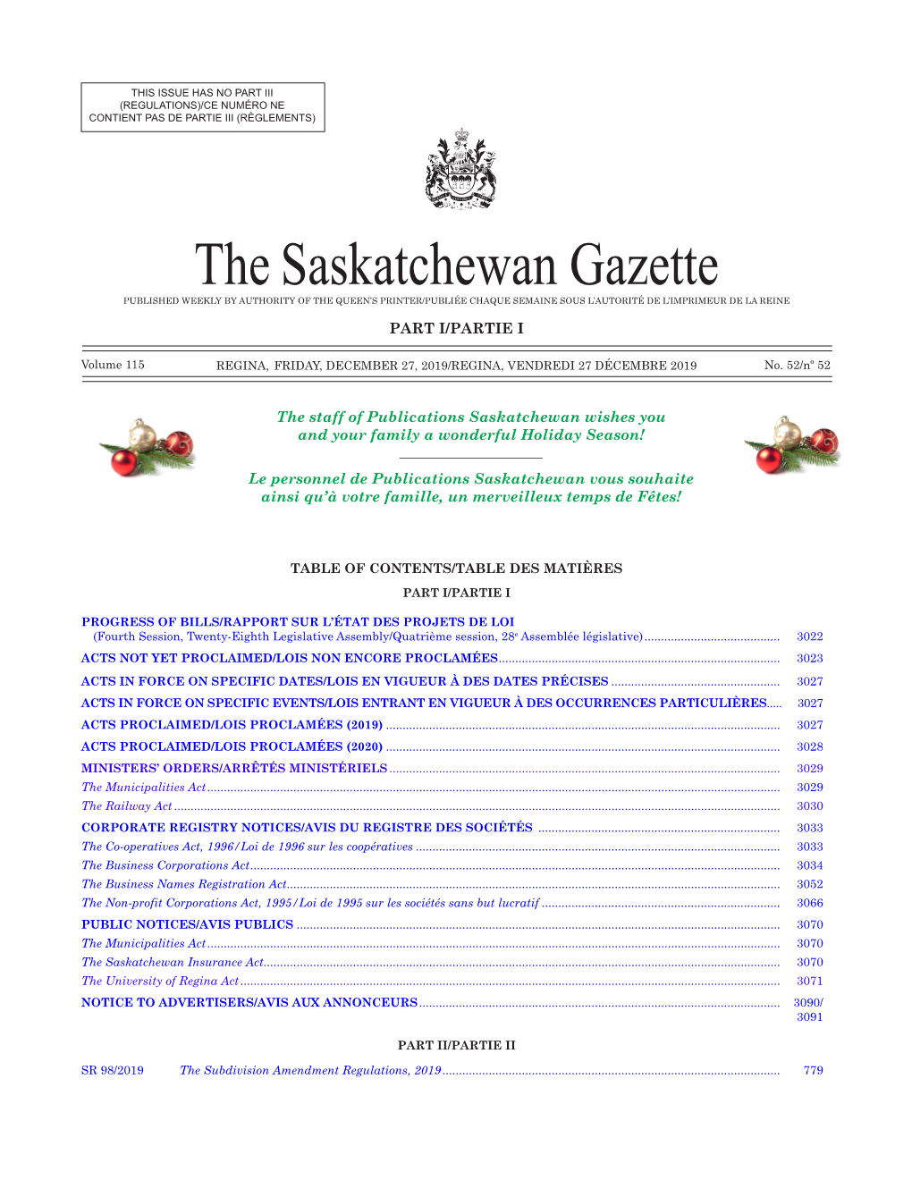 3021 the Saskatchewan Gazette, 27 Décembre, 2019