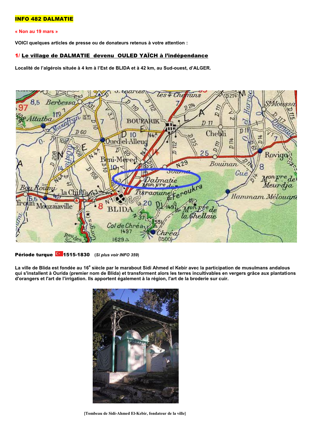 INFO 482 DALMATIE 1/ Le Village De DALMATIE Devenu OULED YAÏCH